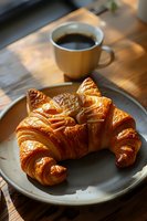 Fresh buttery croissant served on ceramic plate with black coffee cup in morning sunlight, perfect for food blog, cafe menu or bakery advertising. Natural moody lighting creates appetizing atmosphere.