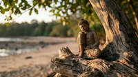 Buddha statue meditating under tree by peaceful lake at golden hour sunset creating serene spiritual atmosphere for mindfulness and zen practices.
