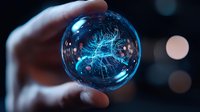 Glowing blue lightning energy trapped inside glass sphere held by fingers against dark background with bokeh lights, magical fantasy concept for mystical designs.