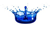 Blue water splash crown with droplets isolated on white background for refreshing beverage and hydration concepts.