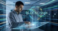 Young Asian businessman working with holographic blockchain technology interface in modern data center with glowing digital networks and futuristic displays.