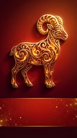 Golden ornate ram with decorative swirls on red gradient background for zodiac Aries symbol, Chinese New Year celebrations and luxury design projects.