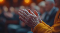 Elderly person's hands clasped in prayer wearing yellow sweater against warm bokeh background, expressing faith, spirituality and hope in contemplative moment.