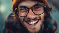 Young Caucasian man with glasses and beard showing genuine happy smile and positive emotions in casual style. Natural lighting portrait with bokeh background.