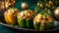 Festive stuffed bell peppers with melted cheese and herbs served on dark plate against blurred Christmas lights and decorations for holiday dinner.
