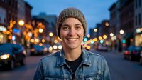 Young Caucasian woman in knit beanie and denim jacket smiling on urban street at dusk with warm bokeh lights creating cozy evening atmosphere in city center.