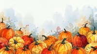 Watercolor autumn pumpkins border with orange yellow gourds on white background for seasonal harvest thanksgiving decorations and fall design projects.