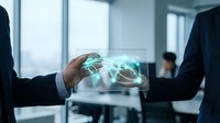 Business professionals shaking hands with holographic world map projection symbolizing global partnership and international cooperation in modern office.