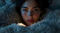 Young mixed race woman with glowing skin lying on soft fur blanket in moody lighting, intimate portrait capturing natural beauty and serenity in evening atmosphere.
