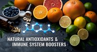 Fresh citrus fruits and blueberries with molecular structure overlay showcasing natural antioxidants and immune system boosters for healthy nutrition.