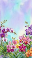 Watercolor orchid border with colorful blooms in purple, pink, yellow and orange on a soft pastel blue and lavender background.