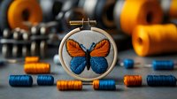 Colorful butterfly embroidery in wooden hoop surrounded by orange and blue thread spools on crafting table for needlework and DIY textile projects.