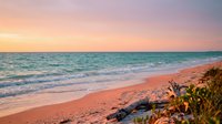 Serene coastal landscape at sunset with golden light reflecting on calm ocean waves and sandy shore, ideal for travel and nature projects.