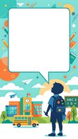 Back to school frame with student silhouette, school bus, building, and educational supplies. Isolated design ready for posters, flyers, invitations, and classroom materials.