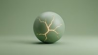 Cracked sphere with glowing golden lightning fractures on sage green surface, symbolizing energy release, innovation, and transformation for design projects.