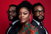 African American woman in floral dress with two men in tuxedos and glasses against red background, professional studio portrait showcasing fashion and style.