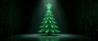 Digital Christmas tree glowing with neon green light against matrix code background for holiday tech designs and futuristic seasonal graphics.