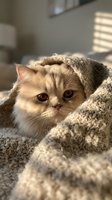 Adorable fluffy kitten wrapped in cozy knit blanket with warm sunlight streaming through window creating peaceful domestic scene for pet care content.