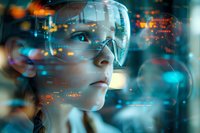 Young Asian woman wearing futuristic smart glasses surrounded by glowing data points and holographic interface elements in cyan and orange colors against dark background.