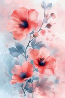 Delicate coral poppies with blue-gray leaves on soft pastel background, watercolor style floral composition with splatter effects and dreamy atmosphere.