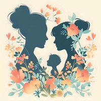 Silhouettes of mother, daughter and baby surrounded by delicate coral flowers and mint leaves on cream background, depicting family bond and motherhood.