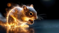 Glowing mouse silhouette with magical light effects on dark background, fantasy wildlife art concept showing small rodent illuminated by golden sparkles and bokeh.