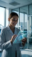 Young female professional of mixed ethnicity wearing white lab coat examining holographic tablet with digital interface in modern office environment with glass partitions and city skyline view.