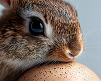 Close-up macro shot of brown rabbit face with large blue eye and whiskers resting against speckled brown egg, showing fine fur detail and gentle expression.