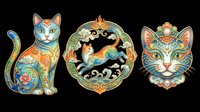 Ornate cat designs with decorative patterns in turquoise, orange and gold tones. Isolated on transparent background, ready for t-shirt design, clipart, stickers, sublimation and print-on-demand products.