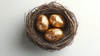 Golden metallic eggs nestled in natural brown twig nest against white background, symbolizing wealth, investment and financial security. Isolated composition.