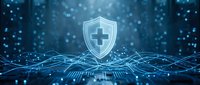 Digital healthcare security shield with medical cross floating above glowing circuit board network on dark blue background with bokeh lights.