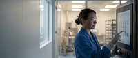 Female scientist in blue lab coat operating advanced medical equipment in modern laboratory facility for research and development applications.