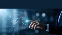 Male hand in business suit interacting with digital financial data visualization, charts and graphs on holographic display for analytics, investment and technology concepts.