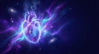 Glowing human heart with electric energy waves and lightning effects on dark cosmic background for medical and science concepts.