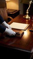 Archivist in white gloves examining historical documents at wooden desk with brass lamp in library or museum setting for preservation and research work.