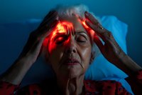 Senior woman with closed eyes experiencing intense headache, illuminated by dramatic red light against dark blue background, expressing physical pain.