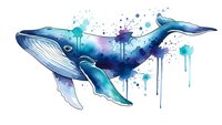 Watercolor whale with blue paint splashes and drips on white background. Marine mammal artwork for ocean themed designs and nautical decor projects.