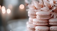 Elegant pink macarons stacked with delicate flowers and soft bokeh lights creating romantic atmosphere for bakery, dessert menu, wedding celebration.