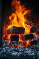 Burning charcoal pieces with bright orange flames and gray ash in fireplace, macro shot showing texture detail and glowing embers for atmospheric warmth.