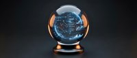 Futuristic crystal ball with glowing blue digital network connections and data streams on copper base against dark background for tech presentations.