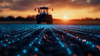 Agricultural field with glowing blue irrigation system at sunset, tractor silhouette against dramatic orange sky creates striking contrast in modern farming landscape.