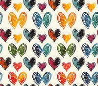 Colorful hearts in watercolor style arranged in seamless rows create romantic pattern on white background. Pattern repeats for continuous surface design.