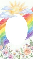 Watercolor rainbow frame with sun, clouds, flowers and birds creating oval border for text or photos on white background for spring designs.