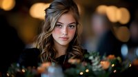 Young blonde woman with wavy hair and natural makeup in warm evening light with bokeh background for lifestyle and portrait photography projects.