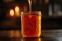 Golden honey dripping into glass jar on wooden surface with warm kitchen background lighting for natural organic food and wellness concepts.