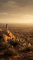 Meerkat family group standing guard on rocky outcrop during golden hour sunset in African savanna wilderness landscape for wildlife photography.
