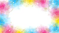 Colorful watercolor frame with pink blue yellow splashes and golden geometric elements creating festive border with white center space for text or design.
