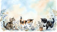 Watercolor kittens playing in garden with plants and flowers, cute domestic cats illustration for nursery decor and children's design projects.