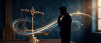 Professional lawyer silhouette with glowing scales of justice and light trails symbolizing legal expertise and courtroom advocacy for law firms.