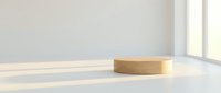 Wooden cylinder podium on white surface with natural sunlight casting shadows, suitable for product display and presentation mockups.